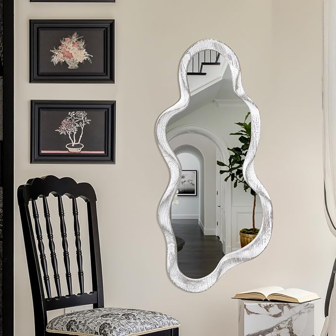 Asymmetrical Mirror Large Irregular Wall Mirror Modern Wood Frame Unique Artistic Mirrors Cute and Stylish Cloud Wavy Mirror Decorative for Cloakroom Bedroom Living Room Bathroom Entryway White