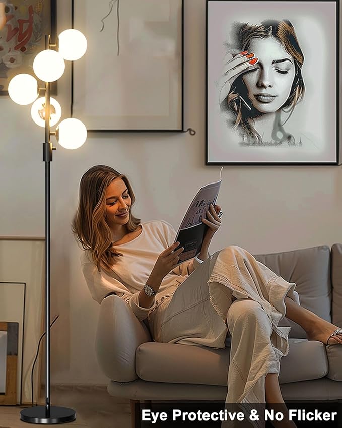 64IN Dimmable Black Floor Lamp, Tall Standing Lamps with 5 Globe Soft Warm White Eye Care 3000K G9 Bulbs, Mid Century Modern Floor Lamp with 5Lbs Heavy Base for Living Room Bedroom Office