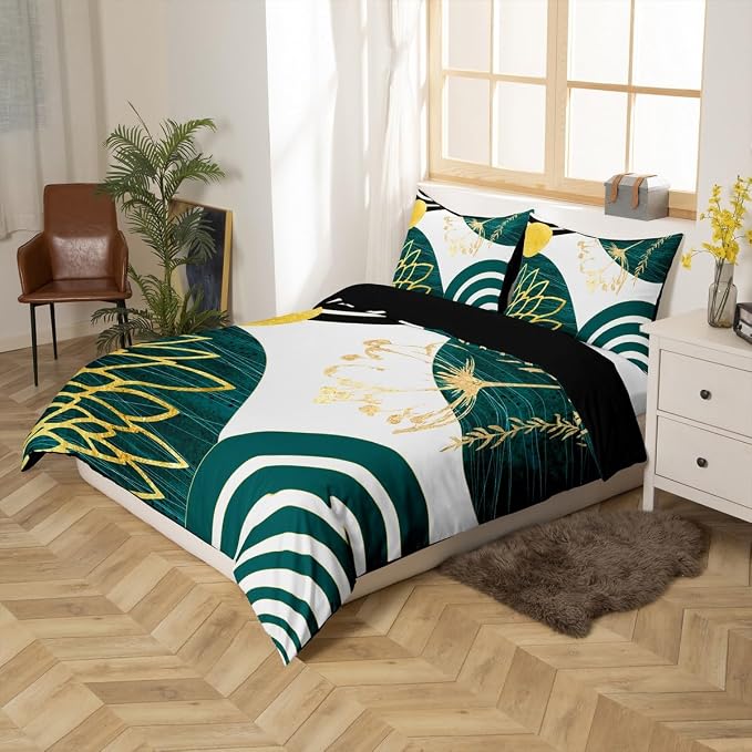 Erosebridal Boho Mid Century Duvet Cover Full Size for Women Men Adults | Minimalist Modern Comforter Cover Teal Green Geometric Bedding Set Aesthetic Modern Abstract Bed Set