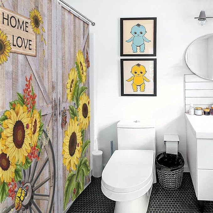 Rustic Sunflowers Butterfly Shower Curtain, Wooden Board Western Barn Door Farmhouse Vintage Daisy Floral Botanical Waterproof Shower Curtains for Bathroom Decor 12 Pack Hooks 72x72in (183x183cm)