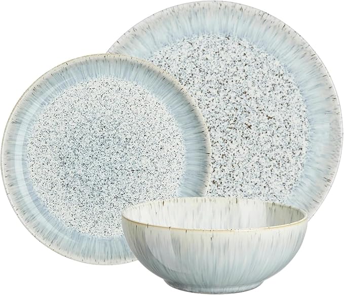 Denby - Halo Speckle Dinner Set For 4-12 Piece Reactive Glaze Ceramic Stoneware Grey, Neutral, Blue Tableware Set - Dishwasher Microwave Oven Safe - Scratch Chip Resistant