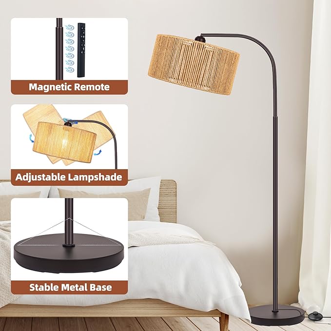 Boho Floor Lamp with Dimmable Bulb Nartual Rattan Adjustable Lampshade, Bronze Rustic Farmhouse Floor Lamps for Living Room, Bedroom, Office, Classroom
