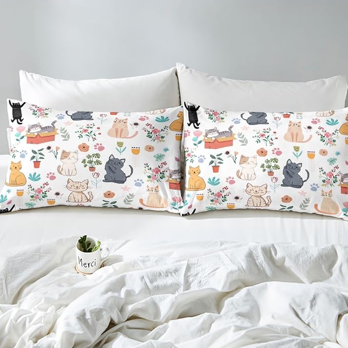 Erosebridal Cute Cat Duvet Cover Full Floral Cats Lovers Bedding Set Lovely Kitten Pet Animals Comforter Cover for Kids Girls Boys Adults Botanical Aesthetic Bed Set