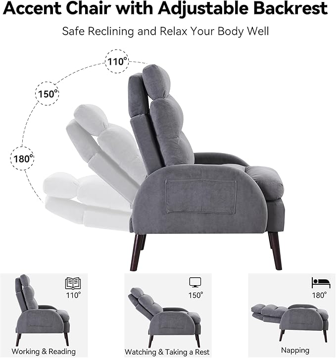 HCHAIRH Accent Chair with Ottoman, Comfy Reading Chair and Ottoman Set, Modern Oversized Velvet Lounge Armchair with Adjustable Backrest for Living Room Bedroom, Velvet Dark Grey