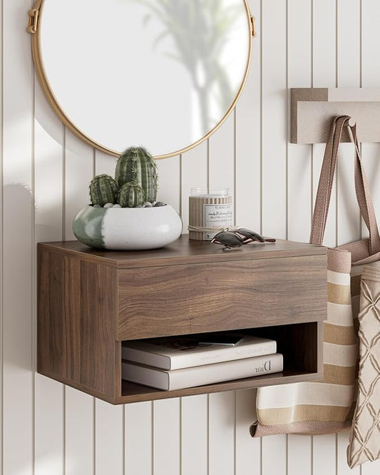 Floating Nightstand, Small Modern Floating Nightstand with Drawer, Floating Shelves for Bedroom, Bathroom (Brown Walnut)