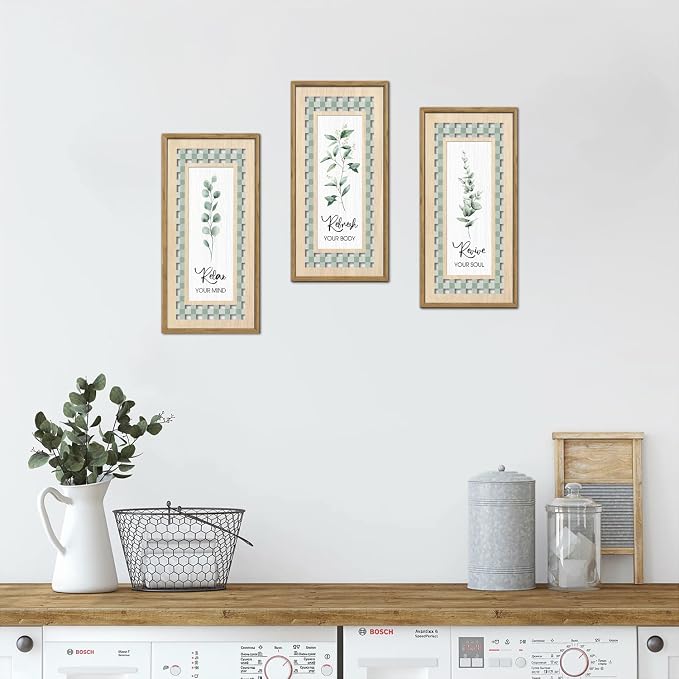 IARTTOP Sage Green Bathroom Wall Art Set of 3 Eucalyptus Leaf Wall Decor Relax Refresh Revive Bathroom Hanging Decor Light Green Botanical Plant Art Painting Framed for Farmhouse Living Room Office 8x16Inch