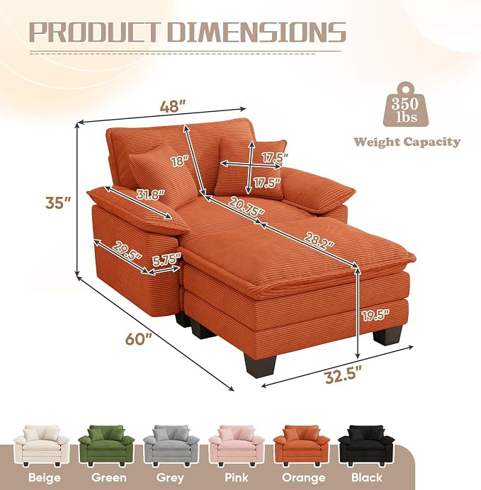 Chaise Lounge Chair Indoor, Oversized Accent Chairs with Ottoman, Luxury Corduroy Upholstered Deep Seat Sleeper Sofa Reading Chairs and A Half with Pillows for Living Room, Bedroom, Apartment, Orange