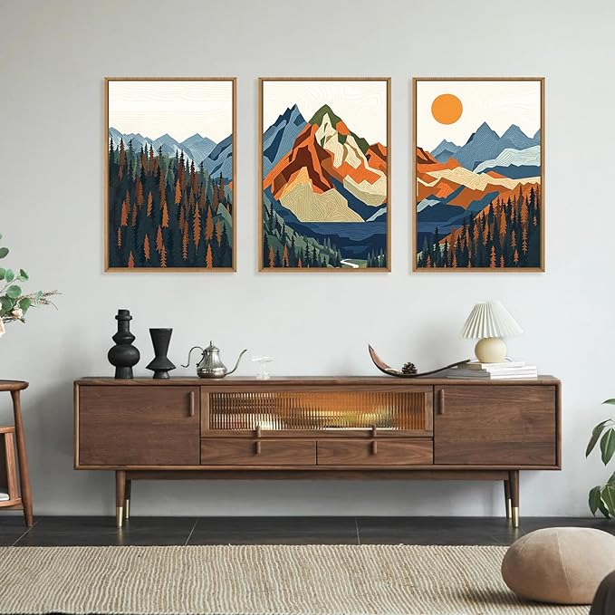 FWIEXA Vintage Mountain Framed Canvas Wall Art Set, Boho Sunrise Wall Prints, Abstract Nature Forest Artwork, Retro Lake Sunset Painting, 3 Panel 16x24 Inches Modern Rustic Decor for Living Room, Bedroom, Office