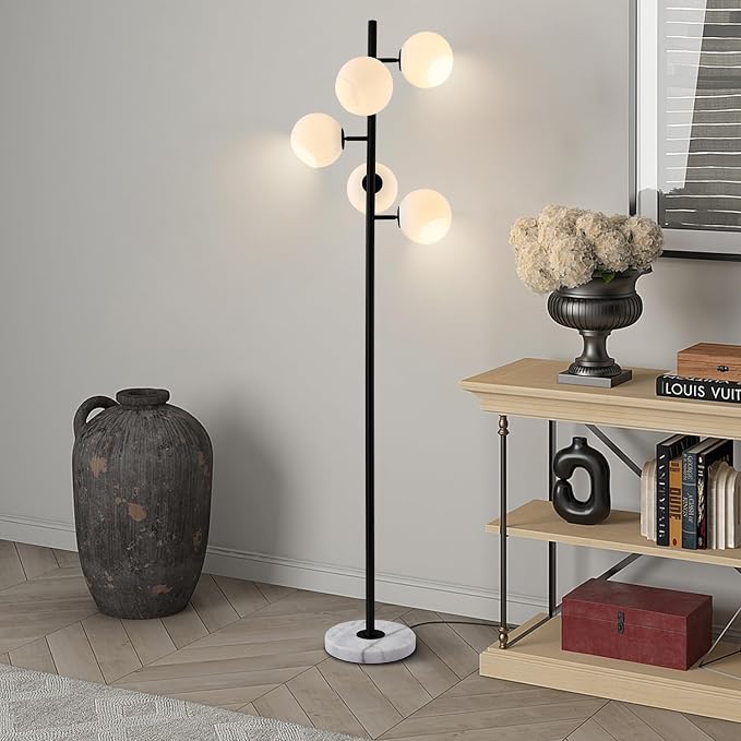 KCO Lighting Five Globe Mid Century Modern Floor Lamp - Milk Glass Shade, Black Finish, Marble Base for Living Room