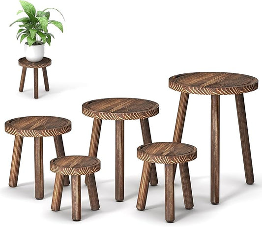 5-Pack Wood Plant Stands Indoor, Single Plant Stand for 6-12 Inch Pots, Mid-Century Modern Plant Stool, Tall Plant Stand for Large Plants for Living Room, Balcony, Office (Dark Brown)