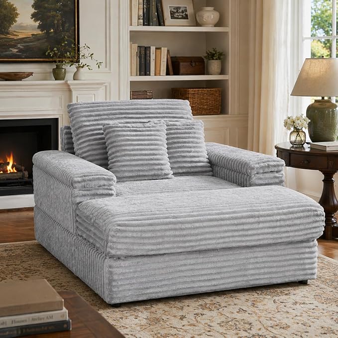 Eafurn 43.3" Oversized Accent Chaise Lounge Chair with Ottoman, Modern Corduroy Upholstered Convertible Recliner Armchair Sleeper Lounge Chair with Wood Frame for Living Room Apartment
