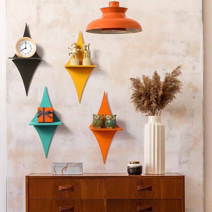 Threehoney Mid-Century Modern Wall Set of 4 Colorful Floating Display Shelves Retro Style Starburst Wall Mounted Shelves Storage for Bedroom, Living Room Decor(Rhombus)