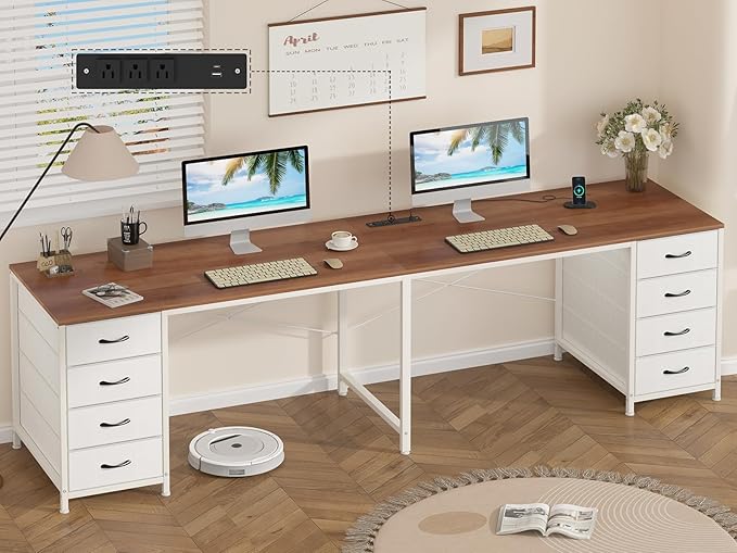 YOMILUVE 95'' Two Person Desk with 8 Drawers, Long Office Desk with Charging Station, 2 Person Desks Double Desk Writing Study Table for Home Office, Brown and White