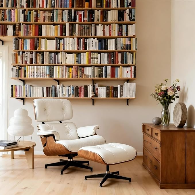 Mid Century Chaise Lounge Chair and Ottoman, Reading Chair, Leather Accent Chair, Modern Chair, Classic Design, Heavy Duty Base Support for Living Room Lounge Office (Walnut-White, Tall)
