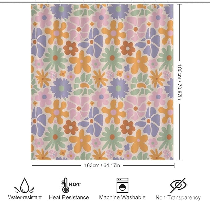 Mid Century Colorful Floral Shower Curtain, Boho Abstract Vintage Retro Orange Flower Botanical Aesthetic Washable Waterproof Fabric for Bathroom Decor Bathtub with 12 Hooks 66x72in（168x183cm）
