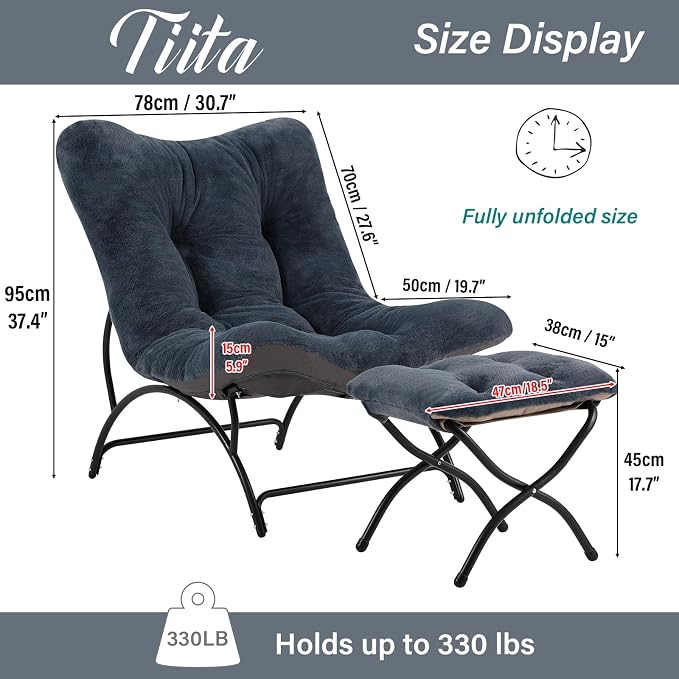 Tiita Accent Lazy Chair with Ottoman, Comfy Lounge Chair with Metal Frame and Plush Fabric, Thick Cushion Seated Cozy Recliner Chair for Reading Room, Living Room, Bedroom, Office, Dark Gray