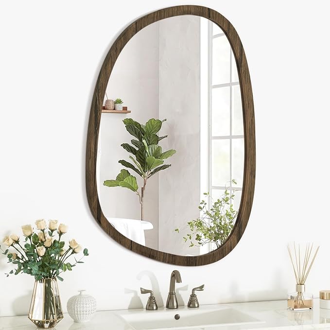 Brown Irregular Wooden Framed Mirror Hanging Asymmetrical Mirror for Wall Modern Wall Mirror Unique Shape Decorative Vanity Bathroom Living Room Bedroom Entryway Hallway Artistic Oval Mirror