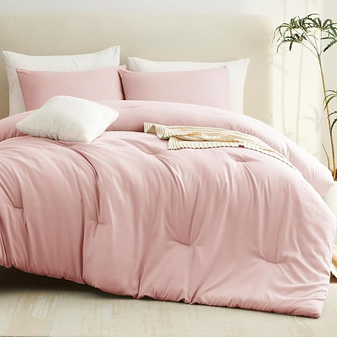 CozyLux Full Size Comforter Set Blush Pink, 3 Pieces Lightweight Down Alternative Quilted Bedding Sets, All Season Soft Breathable Solid Comforter with 2 Pillowcases, Luxury Bed Set Gift for Home