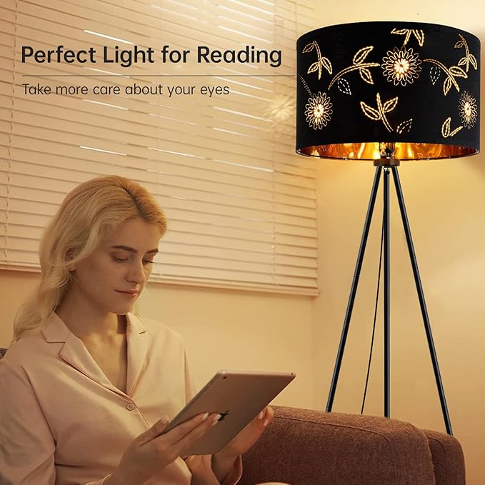 BoostArea Flower Tripod Floor Lamp, Mid Century, 8W LED Bulb, Decorative Lamp Shade, Black Metal Pole, Suitable for Living Room, Bedroom, Study, Office