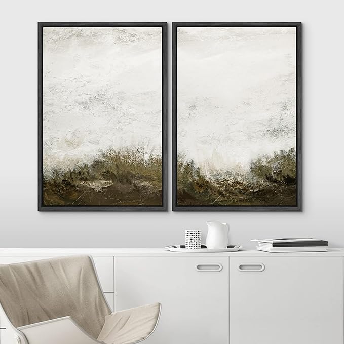 IDEA4WALL Framed Canvas Print Wall Art Set Grunge White Brown Color Field Landscape Abstract Shapes Illustrations Minimalism Decorative for Living Room, Bedroom, Office - 16"x24"x2 Black
