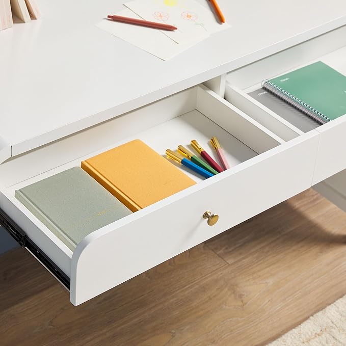 Walker Edison Zoey Modern Curve Design Writing Desk with Drawer, 45 Inch, White