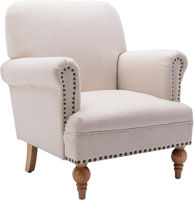 Linen Accent Chair Mid-Century Modern Living Room Armchair with Nailhead Trim & Wood Legs Comfy Upholstered Single Sofa Chair for Lounge/Bedroom/Reception, Cream