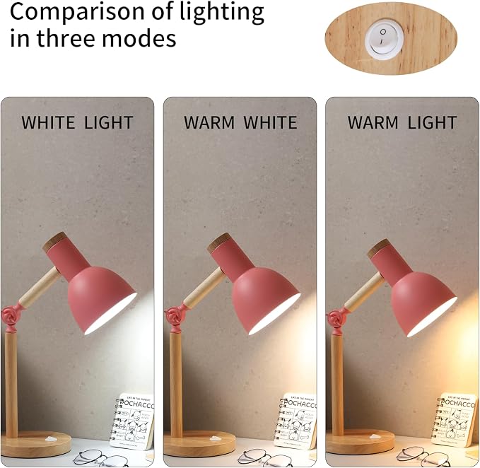 Desk Lamp,Wooden Adjustable Tri-Color Table & Bedside Lamp for Office, Living Room, Bedroom & Kids Room (Pink)