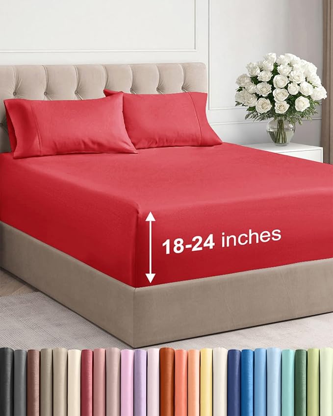 Extra Deep Twin Sheet Set - 4 Piece Breathable and Cooling Sheets - Hotel Luxury Bedding for Women, Men, Kids & Teens - Easy & Secure Fit - Soft, Wrinkle Free and Comfy with Extra Deep Pockets - Red