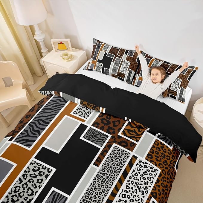 Erosebridal Brown Black Grey Leopard Bedding Set Queen African Animal Leopard Skin Print Duvet Cover Cheetah Zebra Wildlife Comforter Cover for Kids Teen Adults,Geometric Stripes Patchwork Bed Set