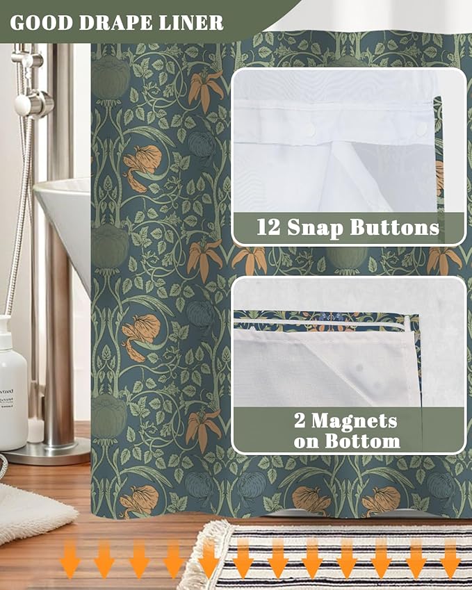 No Hook Shower Curtain with Snap in Liner - Vintage Dark Green Botanical Floral Print, Hookless Bath Curtain with Mesh Top for Dark Academia & Moody Victorian Bathroom Decor, 71W x 74H