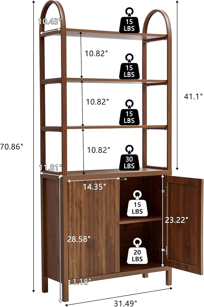 71” Tall Arched Bookshelf Storage with Fluted Doors, Mid Century Modern 6 Tier Bookshelves, Freestanding Bookcase Cabinet with Open Display Storage Shelf for Living Room Home Office Bedroom, Walnut