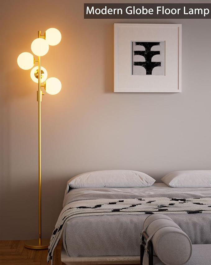Lightdot Dimmable Globe Floor Lamp, Gold Standing Lamps with 5PCS 3000K Bulbs Included, Mid Century Modern Floor Lamp with 5Lbs Heavy Base for Living Room/Bedroom/Sofa Beside/Corner Decor