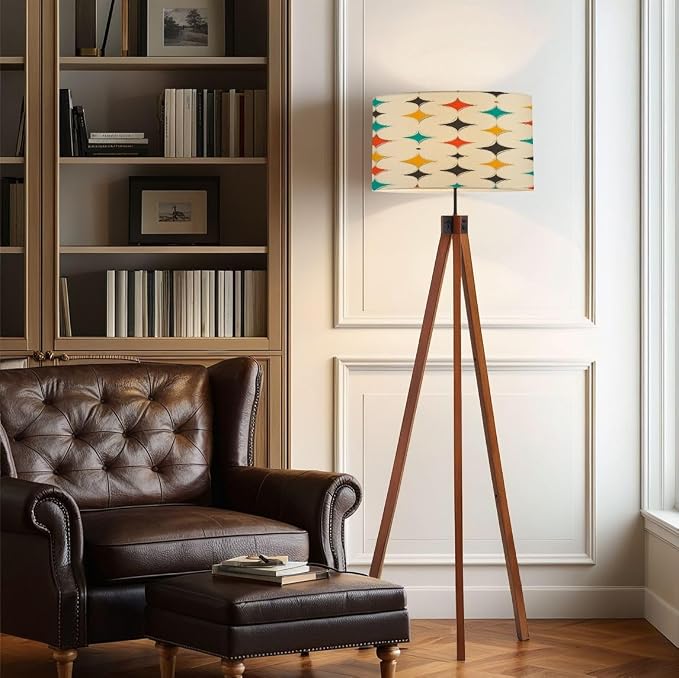 Wood Tripod Floor Lamp Mid Century Fifties Modern Stars Retro Colors Seamless Part Collection Mid Century Standing Lamp Linen Shade Dimmable Modern Tall lamp Home Decor for Living Room Bedroom Office
