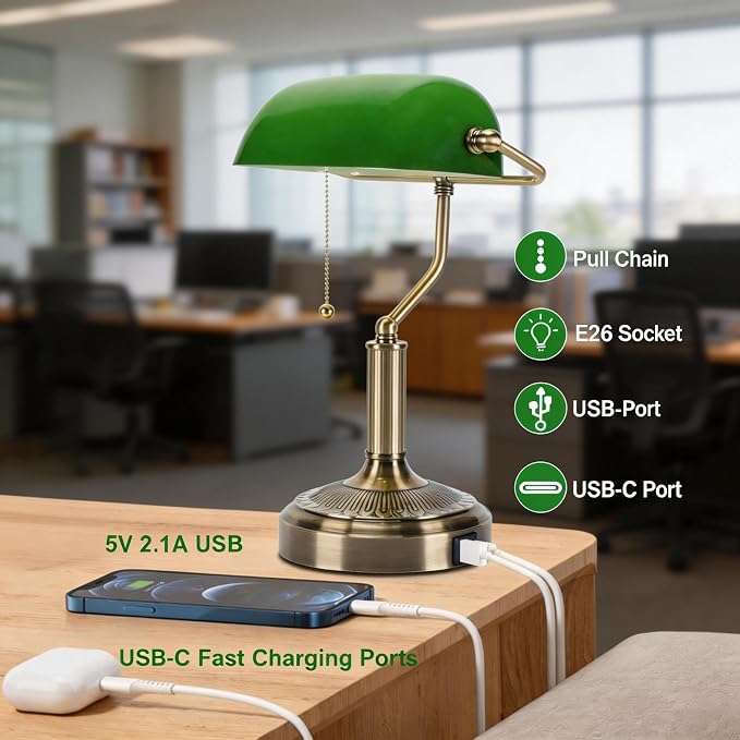 Vintage Bankers Lamp, Green Glass with Antique Brass Finish, USB & Type-C Charging Ports, Pull Chain Desk Lamp for Home Office, Piano, Library (Green)