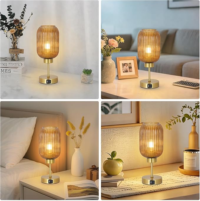 Vintage Gold Touch Table Lamp, Small Desk Lamp with Amber Glass Shade, Bulb, Charging Port, Mid Century Modern Bedside Lamp, 3 Way Dimmable Nightstand Lamp for Bedroom Living Room Home Office