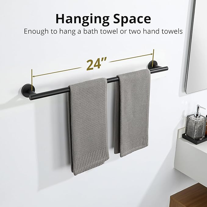 SAYAYO Black Towel Racks for Bathroom, 24 Inch Towel Bar Towel Rod Towel Holder Wall Mount SUS304 Stainless Steel (26.6 Inch Total Length)