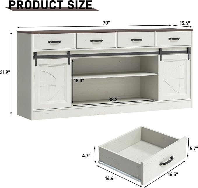 70” Large Buffet Sideboard Cabinet w/4 Drawer,Farmhouse Coffee Bar Cabinet Buffet with Storage,Sliding Door,Long Kitchen Buffet Table,Kitchen Sideboard Storage Cabinet,Credenza for Dining Room,White