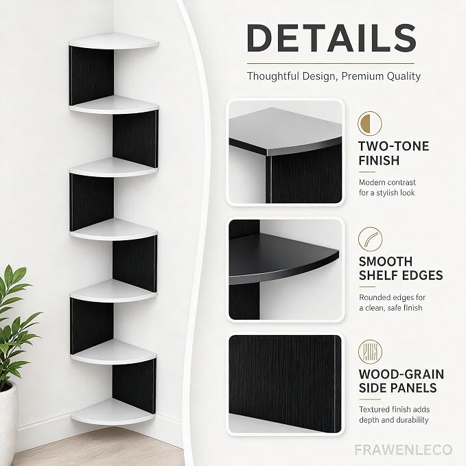 No-Drill Corner Shelf Wall Mount, 7-Tier Floating Corner Bookshelf with Hooks, Space-Saving Zigzag Plant Shelf for Bedroom, Living Room, Bathroom, Home Office(Black & White)
