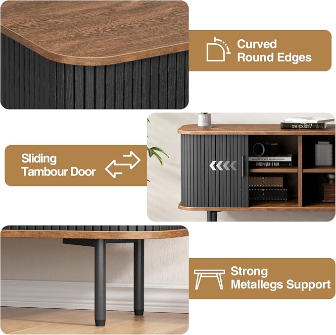 47''W Black Storage Cabinet, Fluted Sideboard Buffet Cabinet with Storage, Console Table Credenza with Tambour Slatted Sliding Doors and Shelves, Modern TV Stand for Living Room, Kitchen, Entryway