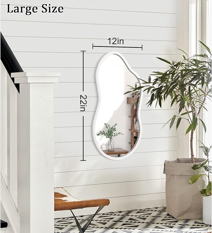 AAZZKANG Irregular Wall Mirror Wooden Large 22"x12" Decorative Hanging Mirrors Asymmetrical for Bedroom Dressing Room Living Room Bathroom Entryway White