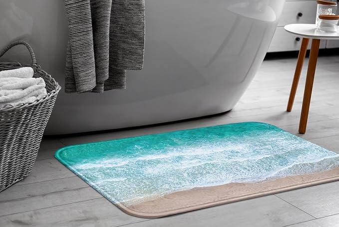 Britimes Bath Mat for Bathroom No Slip Blue Beach Sand Waves Washable Cover Floor Rug Carpets Floor Mat Bathroom Decorations 18x30 inches for Kitchen Bedroom Indoor