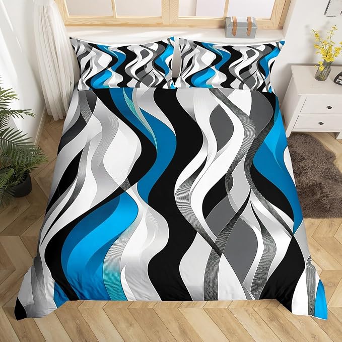 Blue Black Stripes Duvet Cover Set King Size,Abstract Striped Geometric Wave Bedding Set,Boys Girls Room Decor,Contemporary Art Geometric Comforter Cover,Simple Quilt Cover,2 Pillowcases(No Filler)