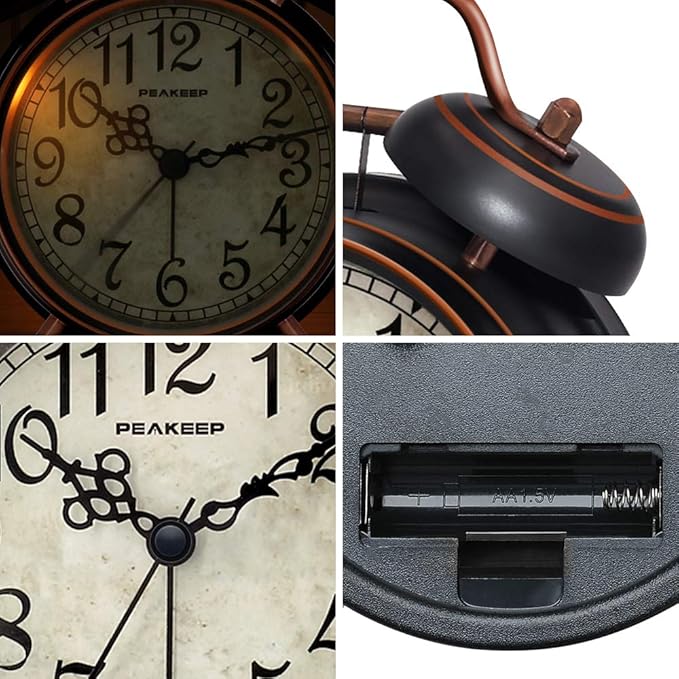 Peakeep Retro 4.5 inches Battery Operated Twin Bell Loud Alarm Clock (Black with Arabic)