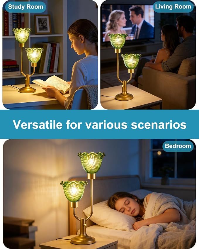 Lightdot Vintage Green Glass Table Lamp for Living Room Dimmable Mid Century Modern Desk Lamp Gold Flower Nightstand Lamp 2 Bulbs Included Warmwhite Ambient Bedside Lamps for Bedroom Home Office Decor