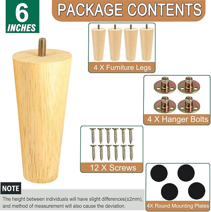6 Inches Round Solid Wood Furniture Legs Set of 4, Natural Wooden Replacement Feet with Threaded 5/16'' Hanger Bolts for Sofa, Couch, Armchair, Cabinet, TV Stand, Ottoman and Dresser