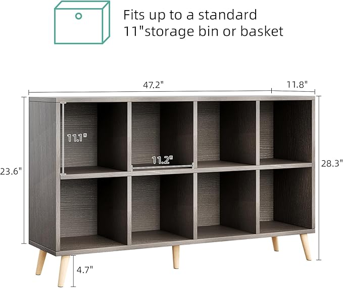 Flrrtenv 8-Cube Bookshelf 2 Tier Retro Bookcase with Legs, 11in Shelf Opening, 47" Wood Bookshelves Storage Organizer Shelf, Freestanding Open Book Shelves for Bedroom Living Room Office,Grey Oak