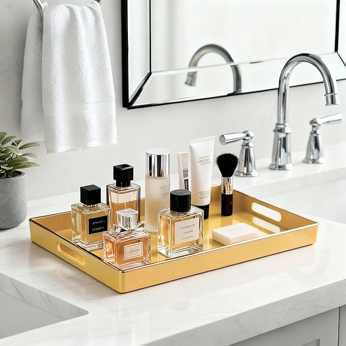 Decorative Tray, Rectangular Plastic Tray with Handles, Modern Vanity Tray and Serving Tray for Bathroom, Kitchen, Ottoman and Coffee Table, 15.6" x 10.2"(Light Yellow)