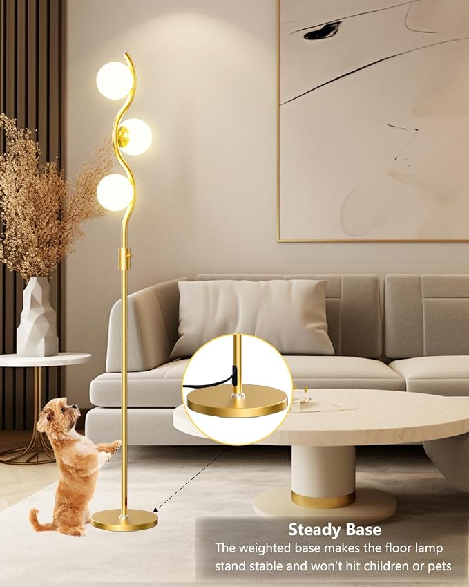 60IN Dimmable Gold Globe Floor Lamp, Modern Standing Lamps with 3 Soft Warm White 3000K Bulbs, Mid Century Floor Lamp with 5Lbs Heavy Base for Living Room Bedroom Home Decor