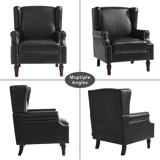 Lumibee Accent Chair, Faux Leather High Back Armchair or Living Room, Comfy Upholstered Single Sofa Reading Chair with Solid Wood Legs for Office, Bedroom, Waiting Room-Black