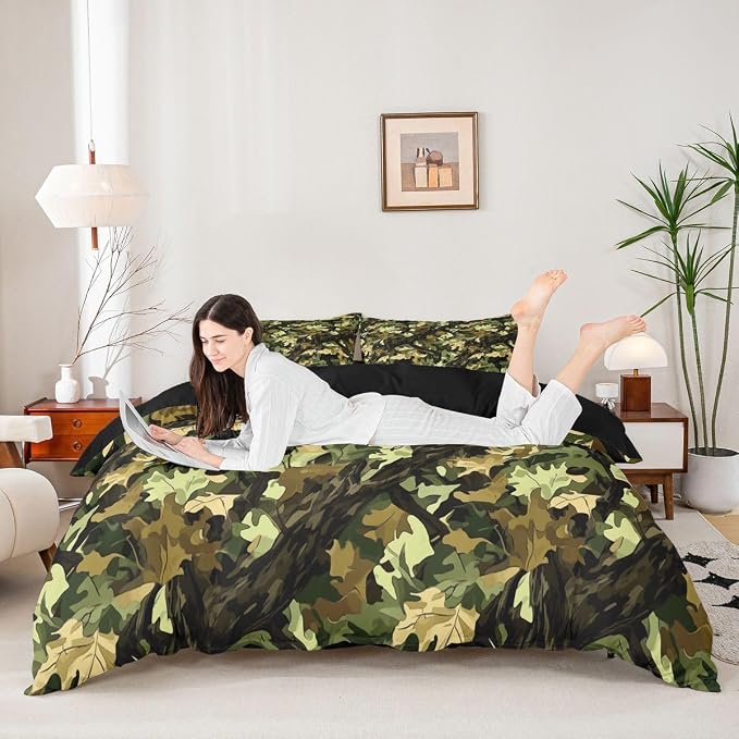 Erosebridal Natural Green Duvet Cover Set Rustic Western Camo Tree Queen Bedding Sets for Tween Boys Girls | Botanical Leaf Plant Comforter Cover Hunting Farmhouse Bed Sets, Room Decor Aesthetic